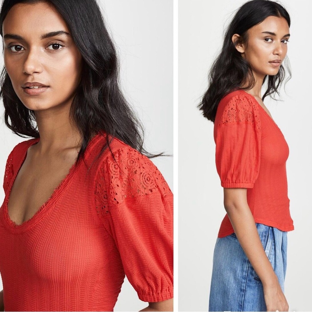 Free People Red Crochet Puff Sleeve Waffle Knit‎ Scoop Neck Top XS OB1105151